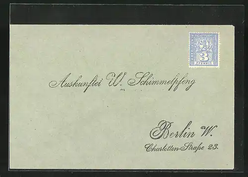 Briefumschlag an die Auskunftei W. Schimmelpfennig in Berlin, Charlotten-Strasse 23