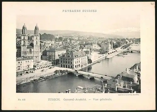 Lichtdruck Phototypie Neuchatel Nr. 472, Ansicht Zürich, Stadtansicht mit Kathedrale & Pferdebahn