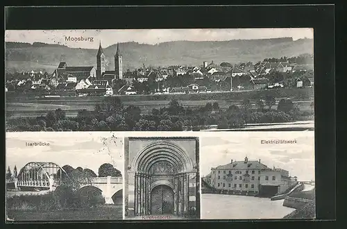 AK Moosburg, Isarbrücke, Elektrizitätswerk, Kirchenportal, Totalansicht