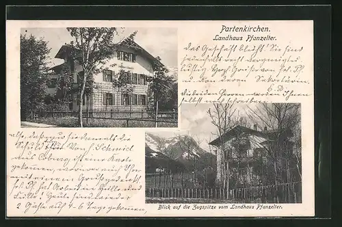 AK Partenkirchen, Hotel Landhaus Pfanzelter mit Blick auf die Zugspitze