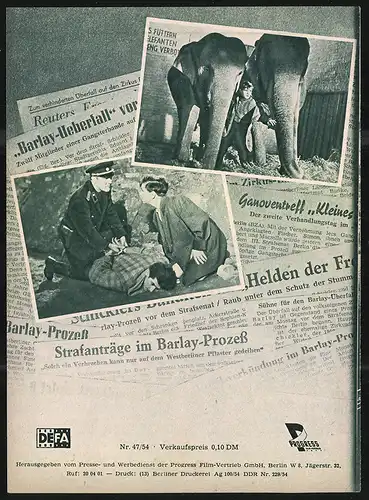 Filmprogramm PFI Nr. 47 /54, Alarm im Zirkus, Erwin Geschonneck, Uwe Jens Pape, Regie: Gerhard Klein