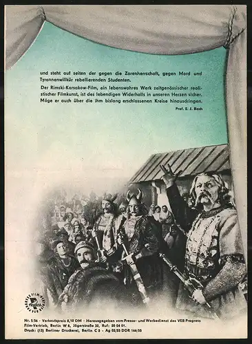 Filmprogramm PFI Nr. 5 /56, Rimski-Korsakow, G. Below, N. Tscherkassow, Regie: Grigori Roschal