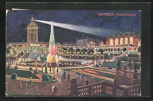 AK Mannheim, Jubiläums-Ausstellung 1907, Friedrichsplatz bei Nacht