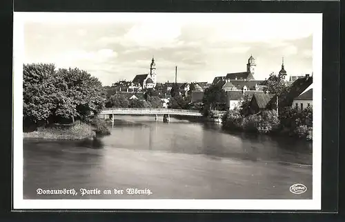 AK Donauwörth, Partie an der Wörnitz mit Brücke