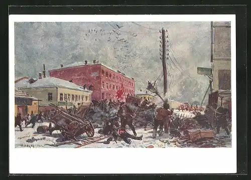 Künstler-AK Moskau, Revolution 1905, Arbeiter haben eine Strassensperre errichtet