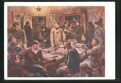 Künstler-AK Hausdurchsuchung bei russischen Revolutionären 1907-1914