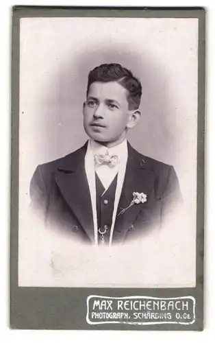 Fotografie Max Reichenbach, Schärding, Bahnhofstrasse 183, Portrait junger Herr im Anzug mit Fliege