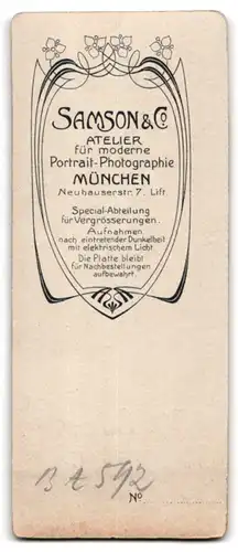 Fotografie Samson & Co., München, Neuhauserstrasse 7, Portrait stattlicher Herr in modischer Kleidung