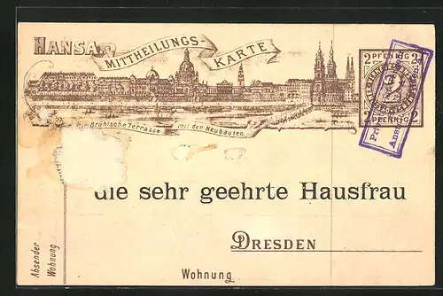 AK Hansa Mitteilungskarte, Private Stadtpost Dresden, 2 Pfg.