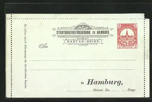 AK Karten-Brief Private Stadtpost, Stadtbriefbeförderung zu Hamburg, 3 Pfg.