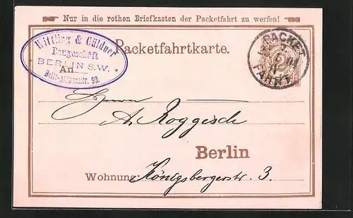 AK Packetfahrtkarte, Private Stadtpost Berlin, 2 Pfg., Stempel Baugeschäft Wittling & Güldner, Berlin