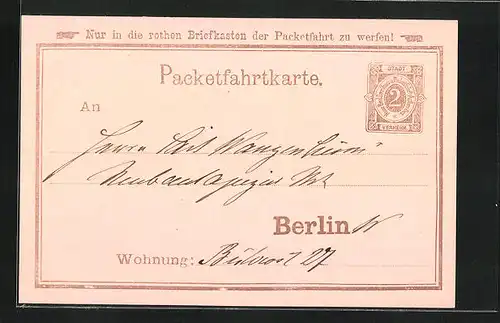 AK Packetfahrtkarte, Private Stadtpost Berlin, 2 Pfg.