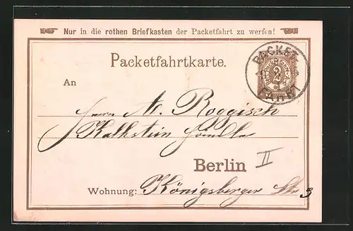 AK Packetfahrtkarte, Private Stadtpost Berlin, 2 Pfg.