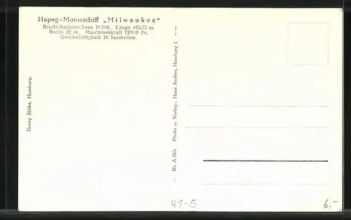 AK Hapag-Motorschiff Milwaukee in voller Fahrt