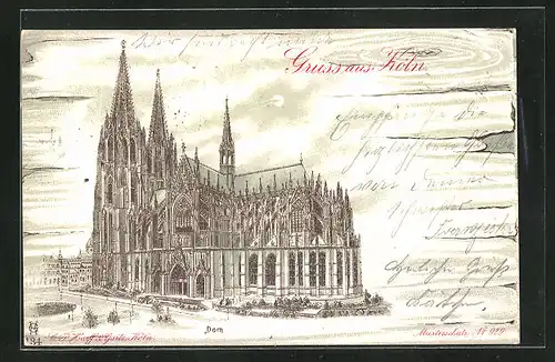 Mondschein-Lithographie Köln, Dom, Ansicht auf Holz