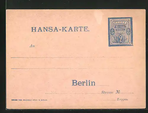 AK Hansa-Karte Private Stadtpost Berlin, 2 Pf.