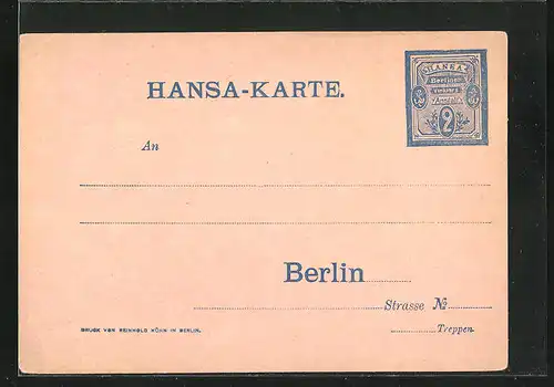 AK Berlin, Private Stadtpost Hansa Verkehrs Anstalt, 2 Pf.