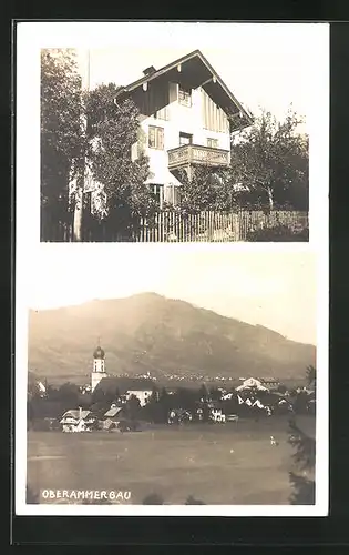 Foto-AK Oberammergau, Gesamtansicht & Landhaus, ca. 1940