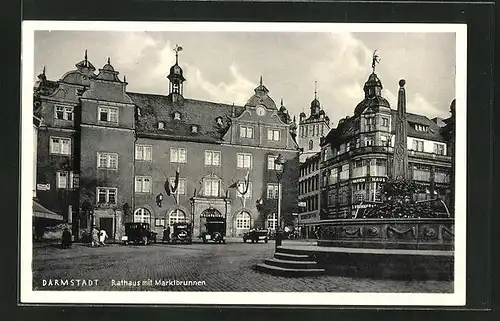 AK Darmstadt, Rathaus mit Marktbrunnen