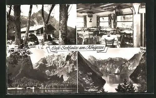 AK Berchtesgaden, Café-Restaurant Seeklause am Königssee, Innenansicht, St. Bartholomä mit Watzmann