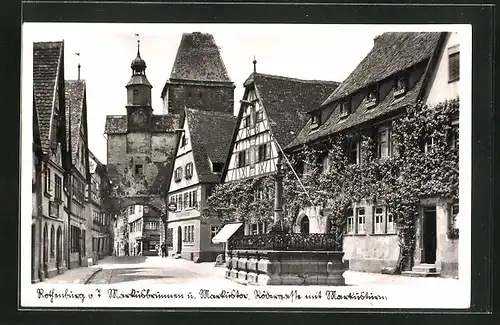 AK Rothenburg o. T., Marktbrunnen und Markustor, Rödergasse mit Markusturm