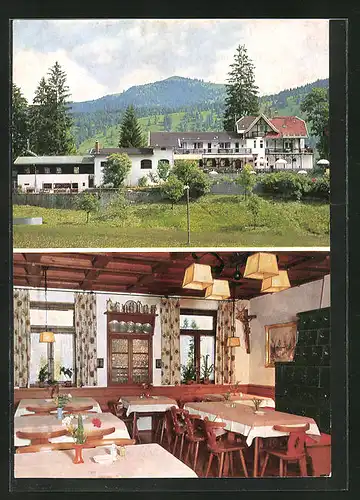 AK Oberammergau, Hotel Friedenshöhe, Aussen- und Innenansicht