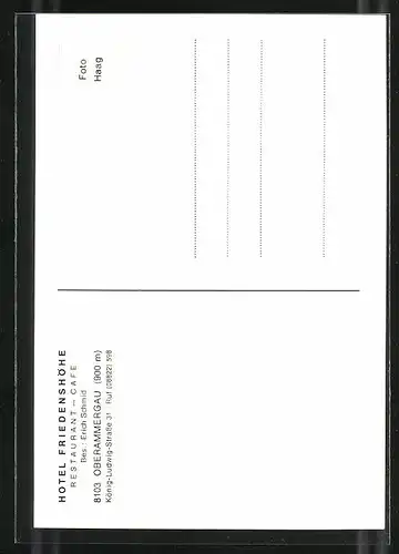 AK Oberammergau, Hotel Friedenshöhe, Aussen- und Innenansicht