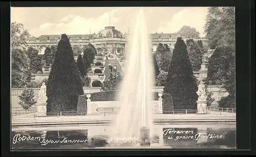 AK Potsdam, Schloss Sanssouci, Terrassen und grosse Fontaine