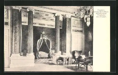 AK Potsdam, Schloss Sans-Souci, Schlafzimmer Friedrichs des Grossen, Innenansicht