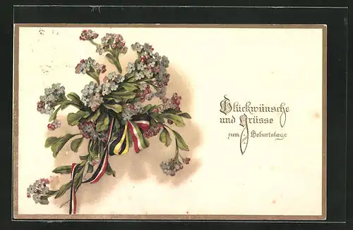 AK Blumen mit Fahnenbändern, Zweibund, Geburtstagsgruss
