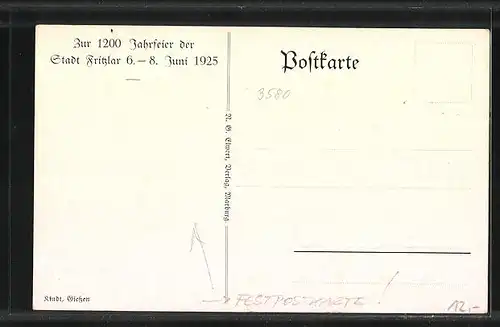 Künstler-AK Fritzlar, Festpostkarte zur 1200 Jahrfeier der Stadt 1925