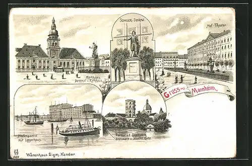 Lithographie Mannheim, Hof-Theaterm Hafenpartie mit Lagerhaus, Partie a. d. Stadtpark