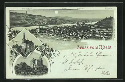 Mondschein-Lithographie Bingen, Hotel Rochusberg, St. Rochuskapelle, Totalansicht