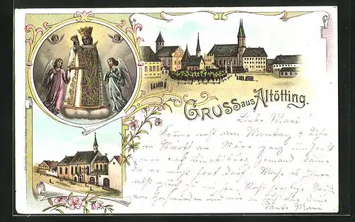 Lithographie Altötting, Platz mit Kirche und Kapelle