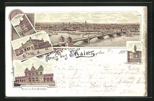 Lithographie Mainz, Stadthalle, Portal des Centralbahnhofes, Totalansicht