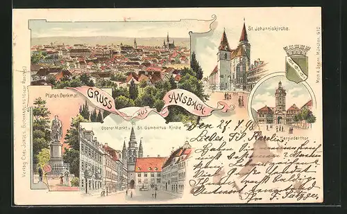 Lithographie Ansbach, Oberer Markt u. St. Gumbertus-Kirche, Platen-Denkmal, Totalansicht