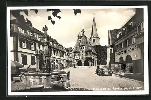 AK Michelstadt i. Odw., Marktplatz mit Konditorei-Café, Löwen-Apotheke & Rathaus