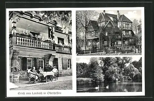 AK Laubach /Oberhessen, Müttergenesungsheim Haus Friedensruh der Arbeiterwohlfahrt Hessen e. V., Frauen am Tisch im Hof