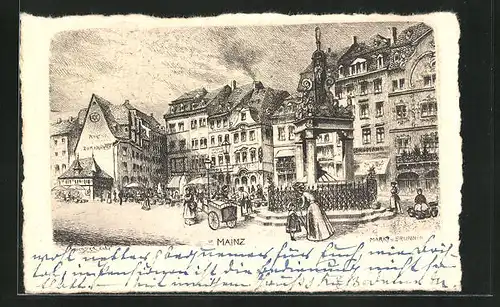 Künstler-AK Mainz, Markt und Brunnen