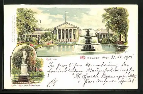 Lithographie Wiesbaden, Kaiser Wilhelm I. Denkmal, Kurhaus