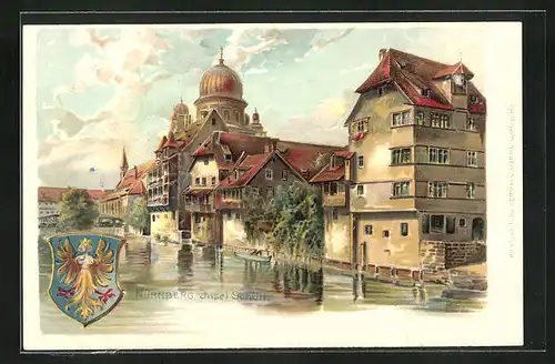 Lithographie Nürnberg, Insel Schütt, Stadtwappen