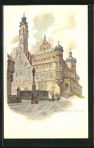 Künstler-AK Otto Hammel: Rothenburg ob der Tauber, Rathaus, Brunnen