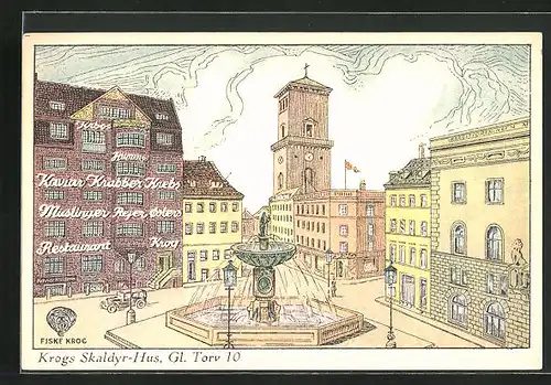 Künstler-AK Kobenhavn, Krogs Skaldyr-Hus, Gl. Torv 10