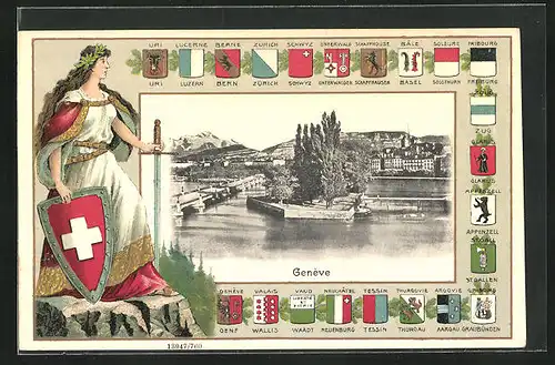 Präge-AK Geneve, Rousseau-Insel aus der Vogelschau, Helvetia und Wappen der Kantone