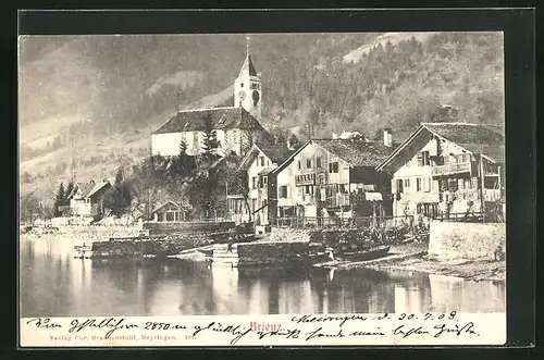 AK Brienz, Ort mit Kirche und Booten am Wasser