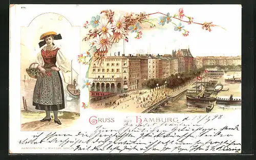 Lithographie Hamburg-Neustadt, Alster mit Stadtansicht, Frau in Tracht