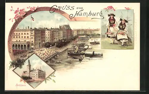 Lithographie Hamburg-Neustadt, Alster mit Stadtansicht, Rathaus, Frauen in Tracht