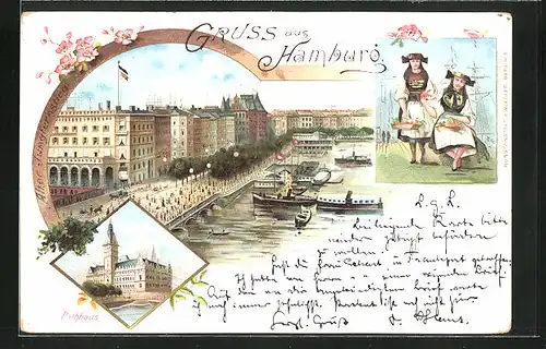 Lithographie Hamburg-Neustadt, Alster mit Stadtansicht, Rathaus, Frauen in Tracht