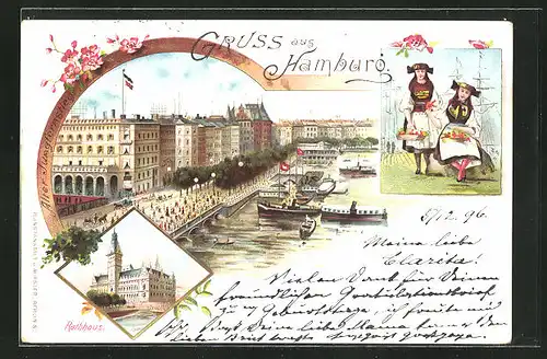 Lithographie Hamburg-Neustadt, Alster mit Stadtansicht, Rathaus, Frauen in Tracht