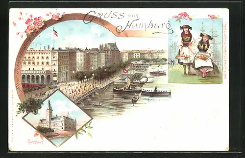 Lithographie Hamburg-Neustadt, Alster mit Stadtansicht, Rathaus, Frauen in Tracht